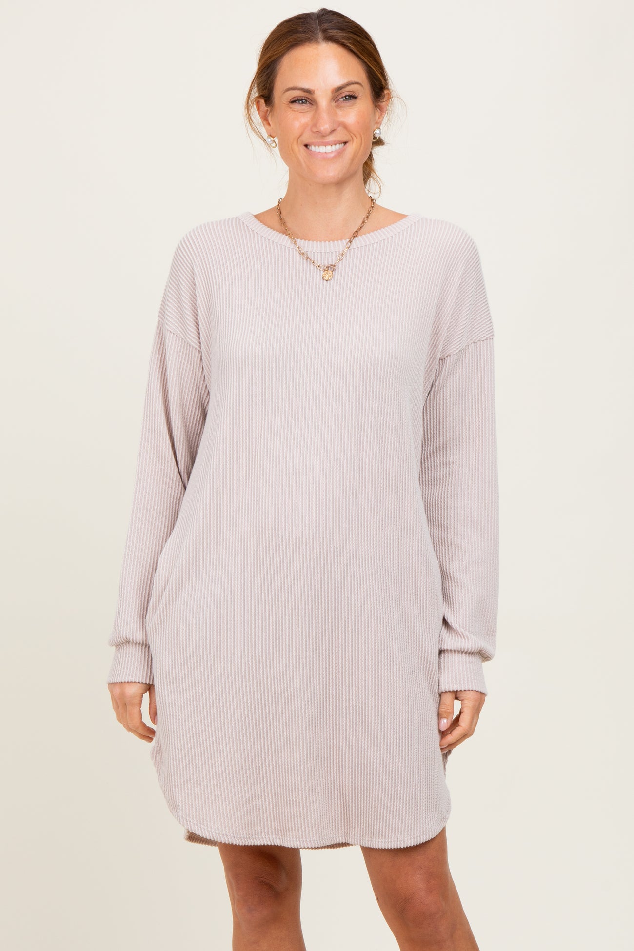 Beige Rib Knit Long Sleeve Maternity Dress