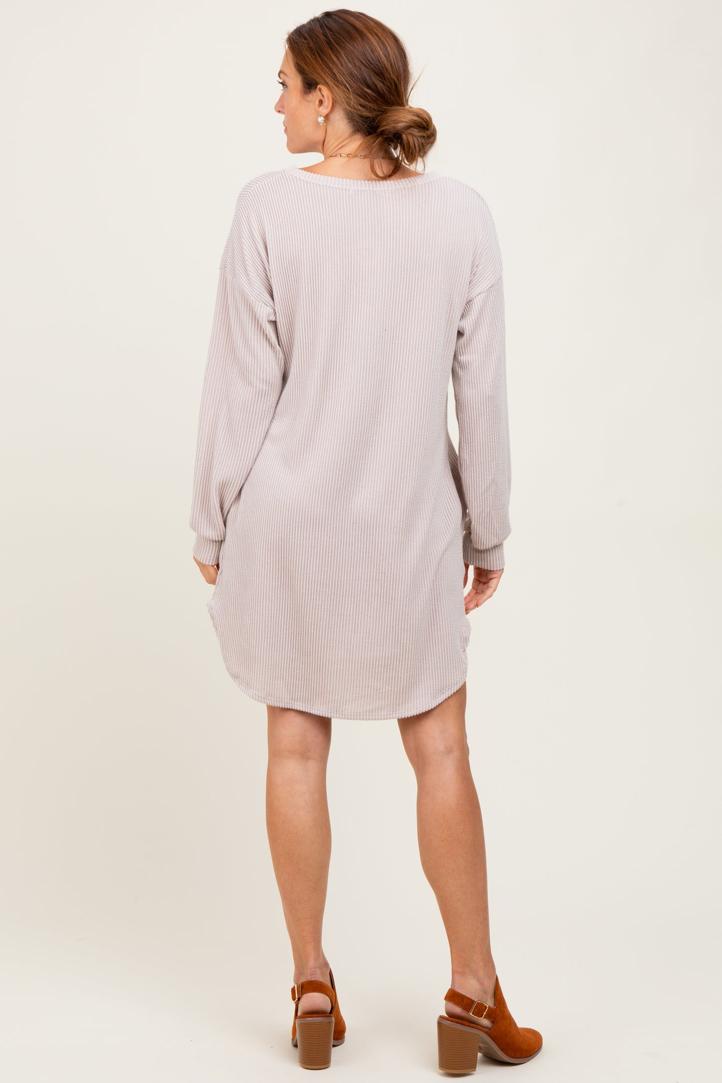Beige Rib Knit Long Sleeve Dress