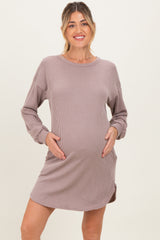Taupe Rib Knit Long Sleeve Maternity Dress
