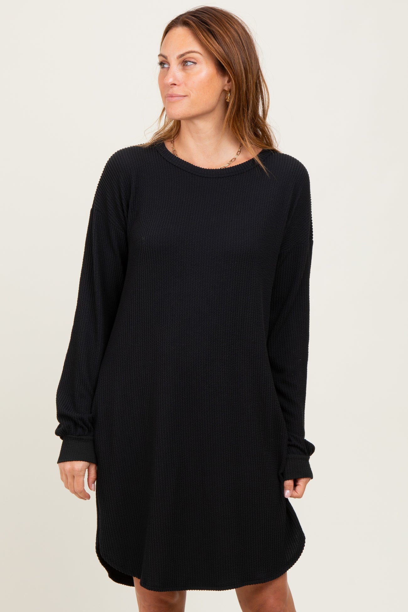 Black Rib Knit Long Sleeve Dress
