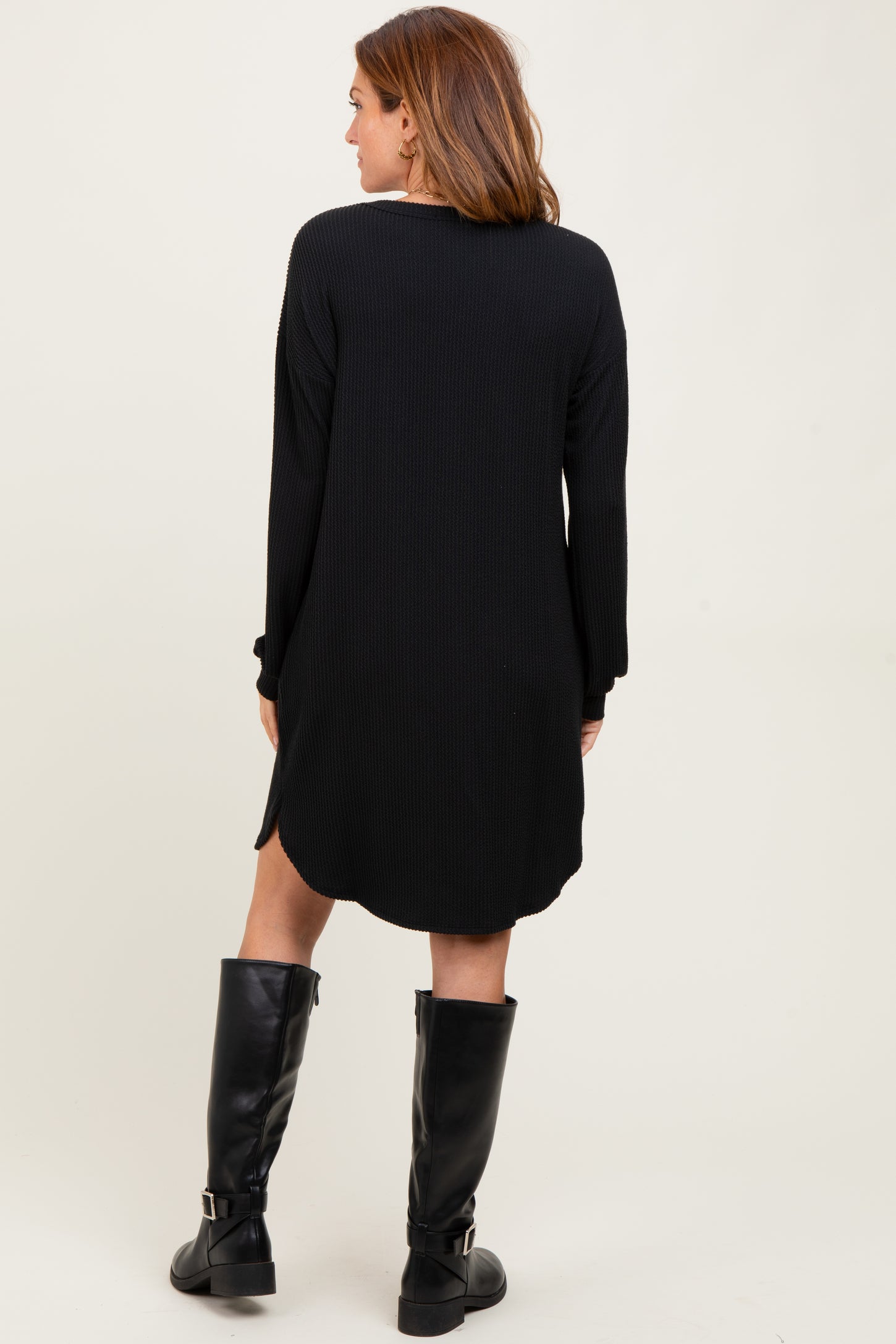 Black Rib Knit Long Sleeve Dress