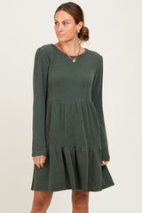 Olive Textured Rib Tiered Long Sleeve Maternity Dress