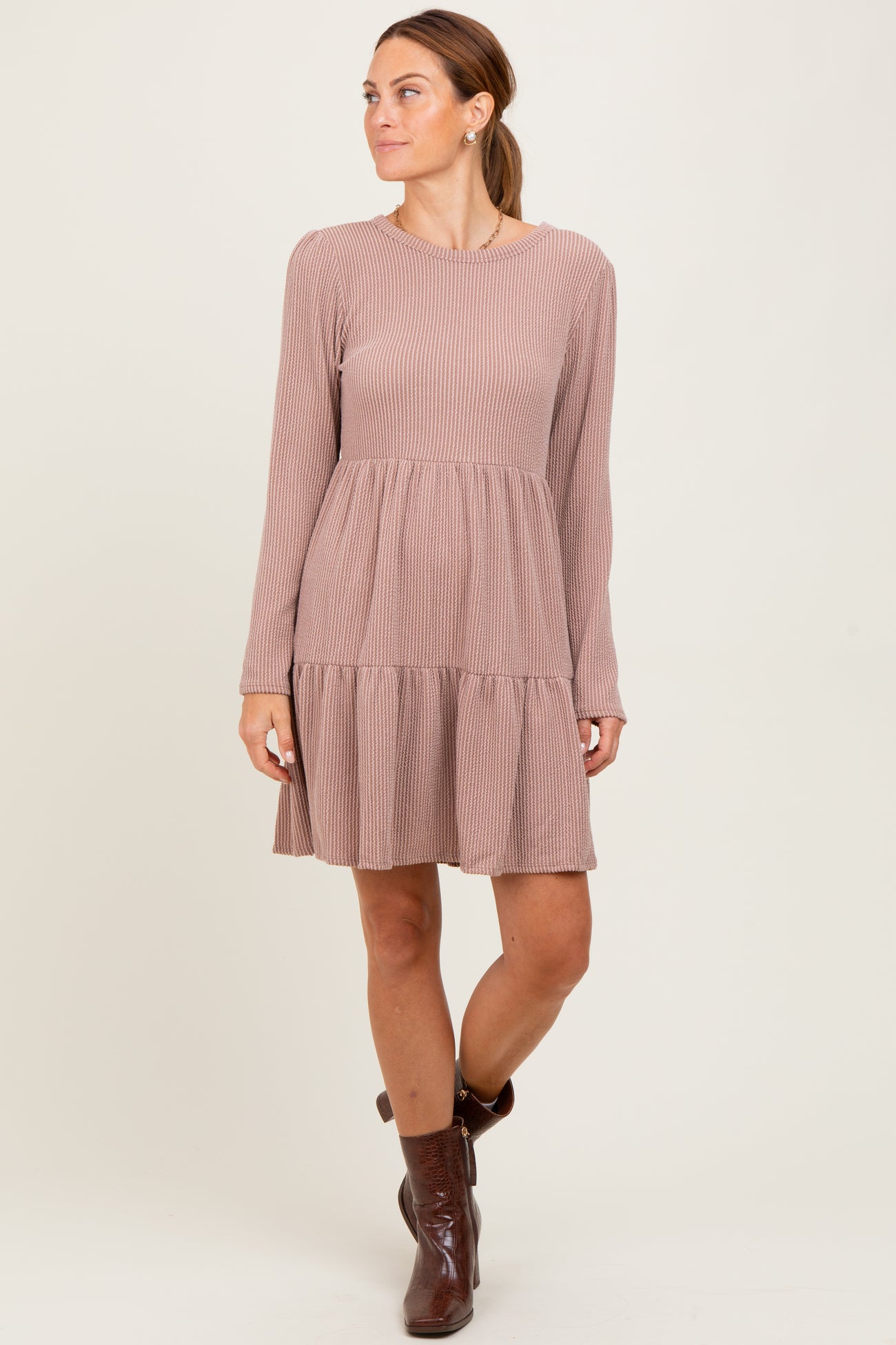 Taupe Textured Rib Tiered Long Sleeve Maternity Dress