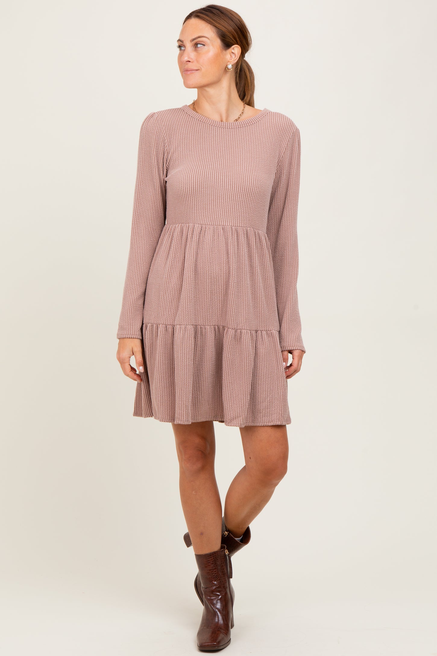 Taupe Textured Rib Tiered Long Sleeve Maternity Dress