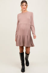 Taupe Textured Rib Tiered Long Sleeve Maternity Dress
