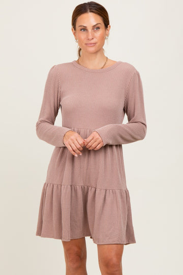 Taupe Textured Rib Tiered Long Sleeve Dress