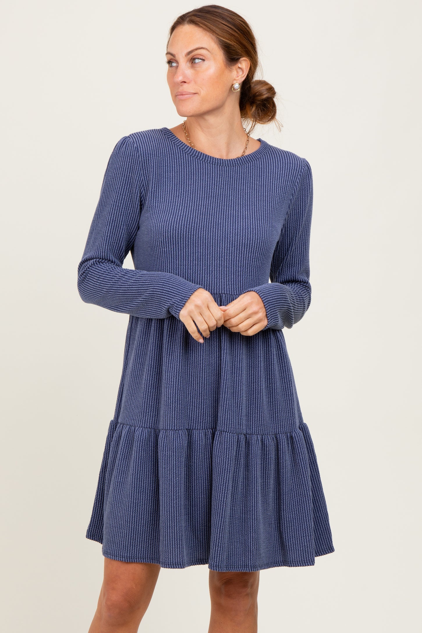 Navy Textured Rib Tiered Long Sleeve Maternity Dress