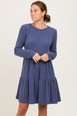 Navy Textured Rib Tiered Long Sleeve Maternity Dress