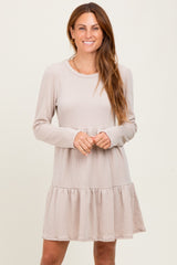 Beige Textured Rib Tiered Long Sleeve Maternity Dress