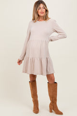 Beige Textured Rib Tiered Long Sleeve Maternity Dress