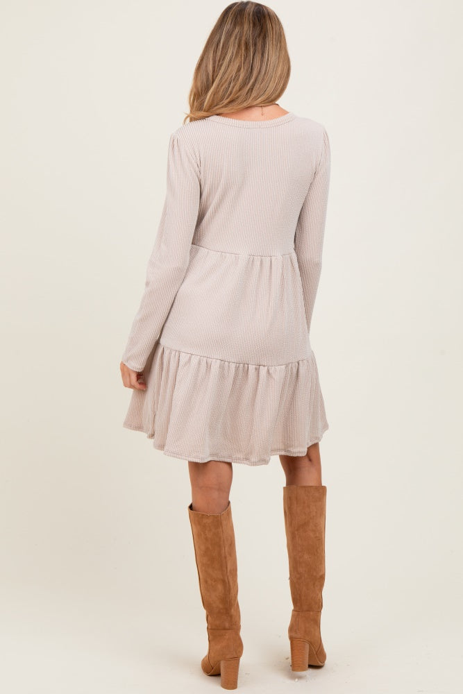 Beige Textured Rib Tiered Long Sleeve Maternity Dress