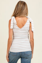 Ivory/Mocha Striped Ribbed V-Neck Shoulder Tie Sleeveless Maternity Top