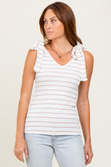 Ivory/Mocha Striped Ribbed V-Neck Shoulder Tie Sleeveless Top