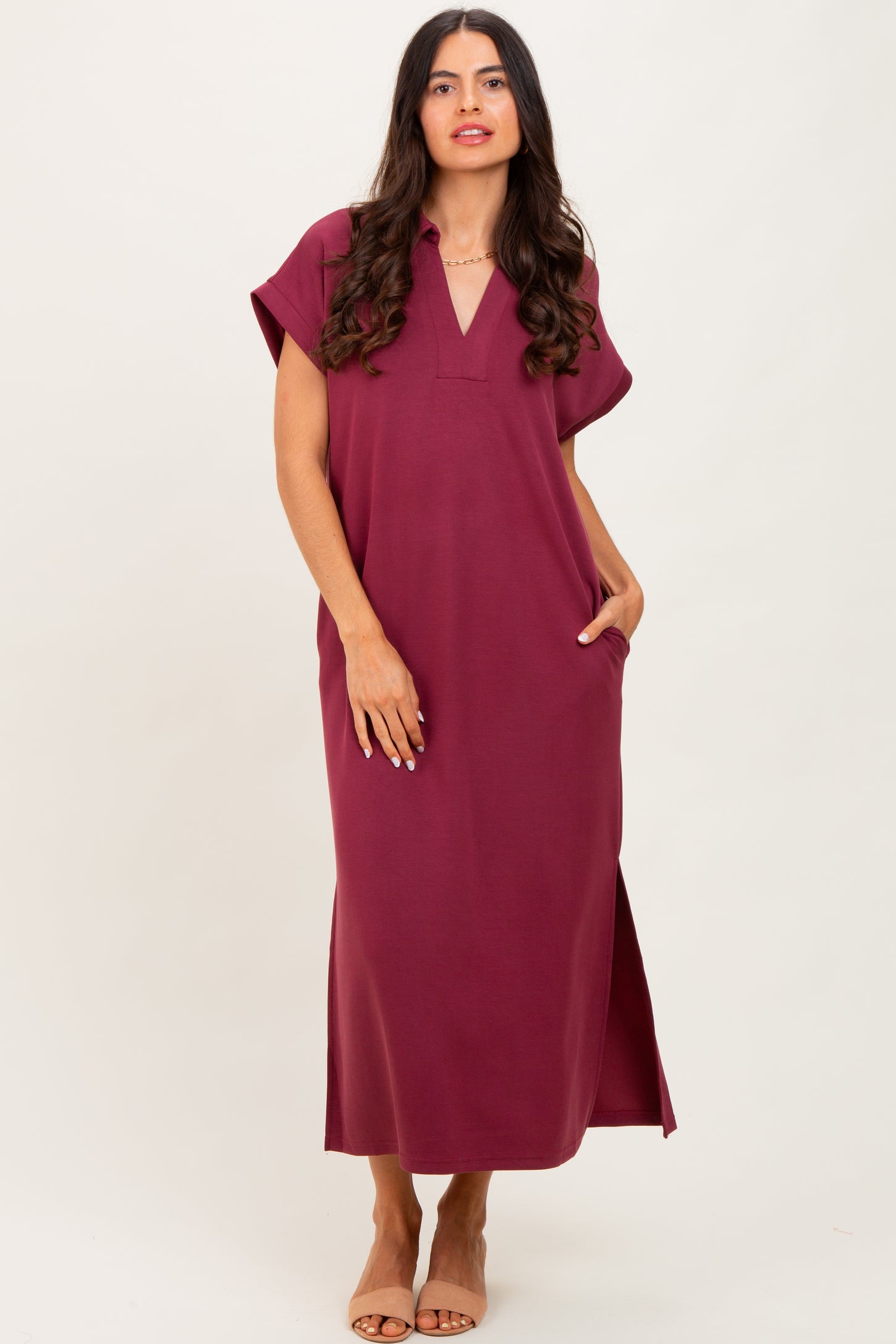 Burgundy Collared Short Sleeve Maternity Midi Dress