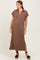 woman wearing a brown short sleeve maxi dress with a collar and side slits