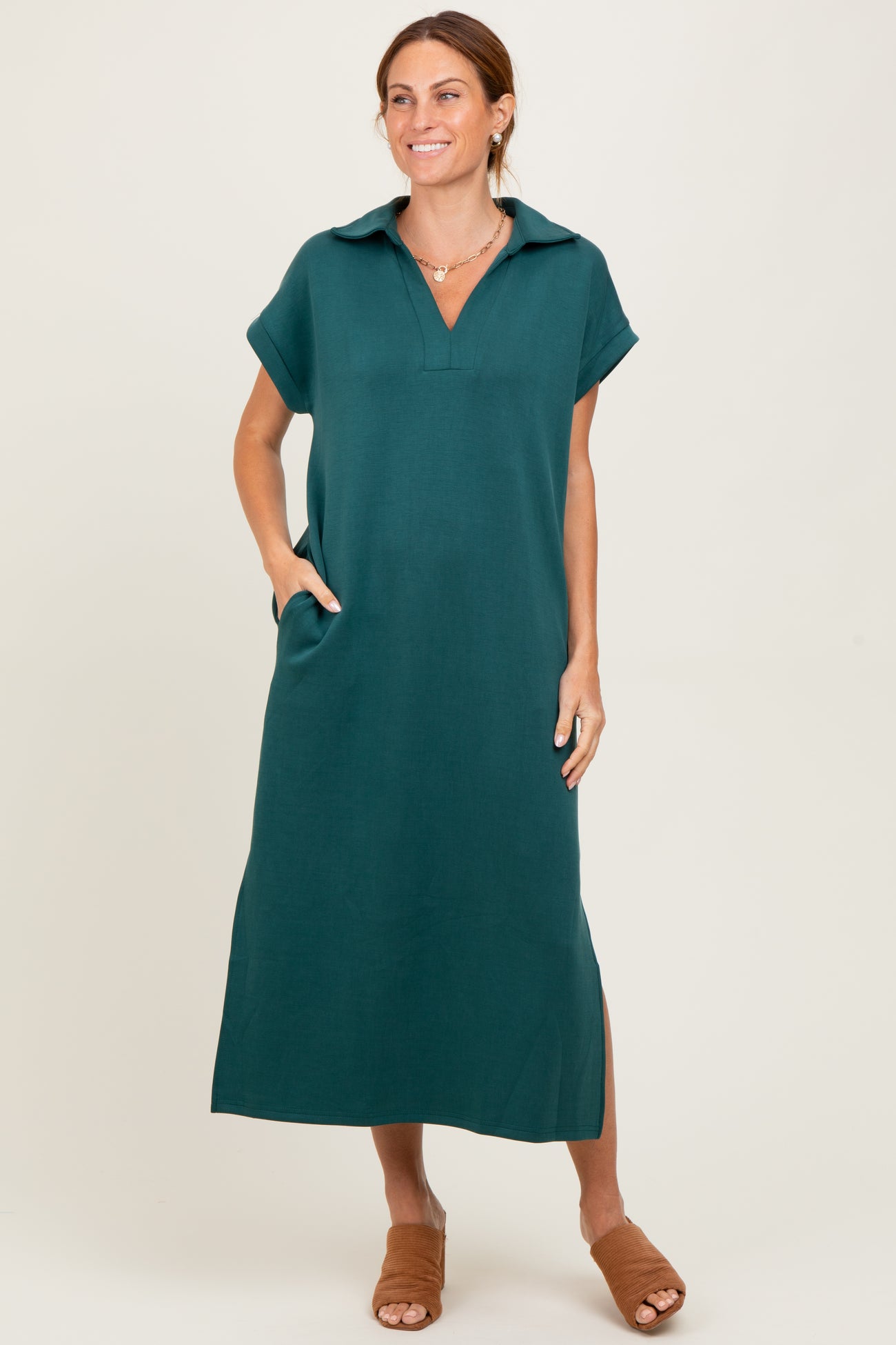Forest Green Collared Short Sleeve Maternity Midi Dress