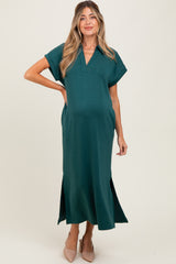 Forest Green Collared Short Sleeve Maternity Midi Dress