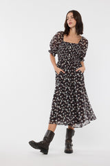 Brown Floral Smocked Puff Sleeve Maternity Midi Dress