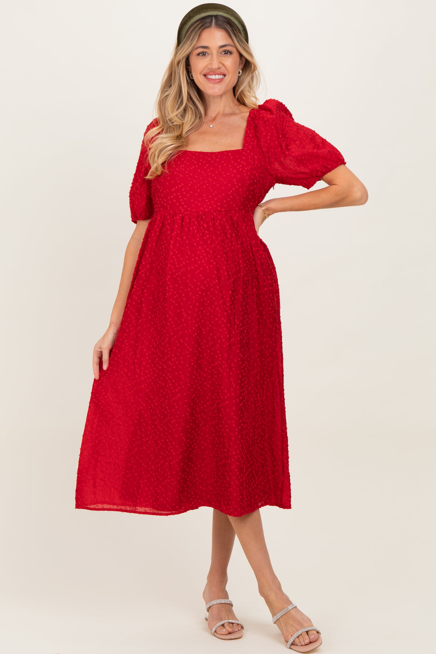 Red Swiss Dot Puff Sleeve Maternity Midi Dress