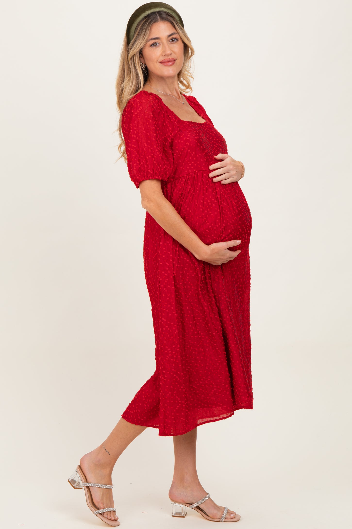 Red Swiss Dot Puff Sleeve Maternity Midi Dress