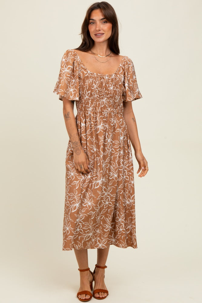 Mocha Floral Print Smocked Maternity Midi Dress