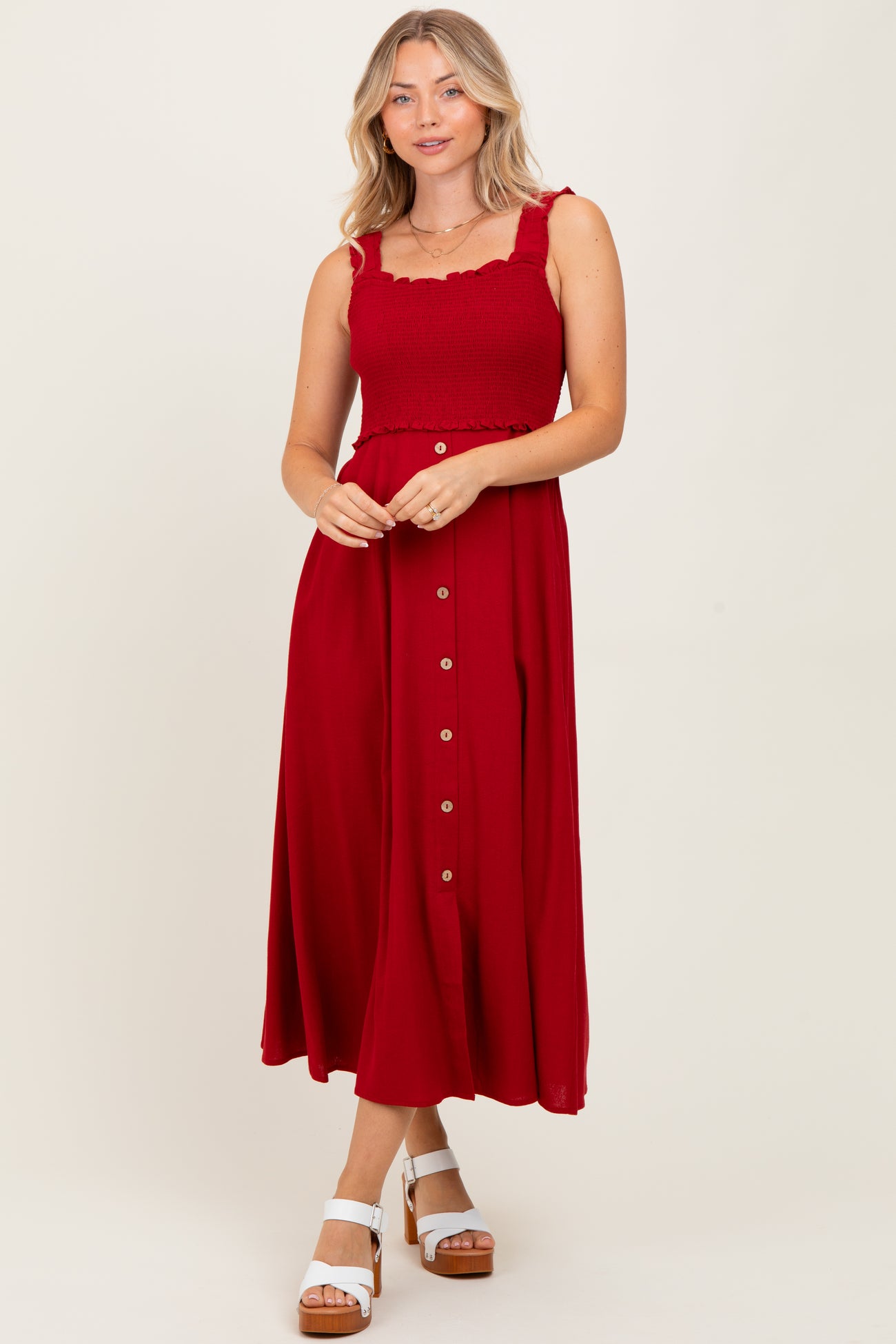 Burgundy Smocked Sleeveless Button Down Midi Dress
