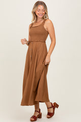 Camel Smocked Sleeveless Button Down Midi Dress