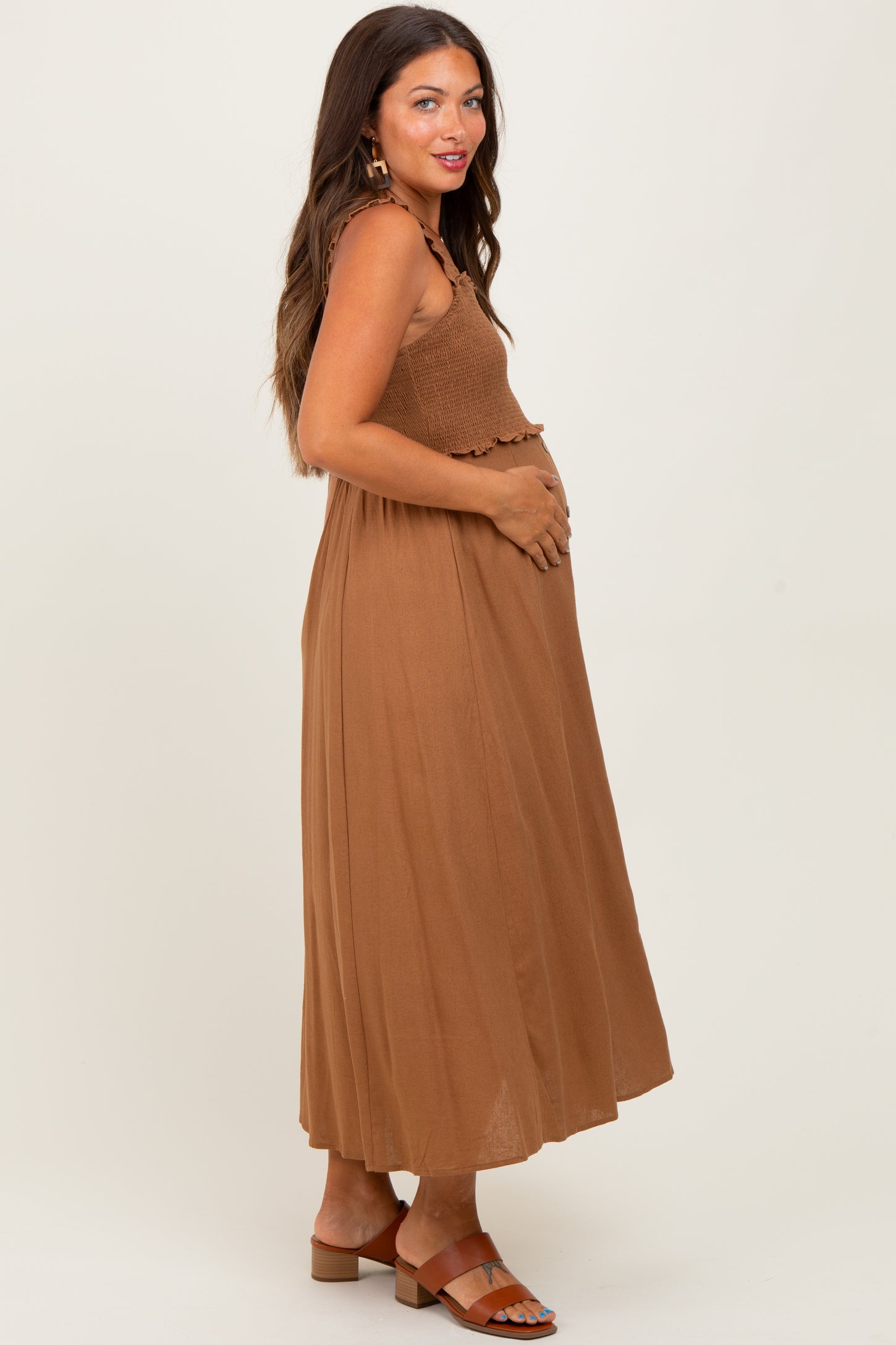 Camel Smocked Sleeveless Button Down Maternity Midi Dress