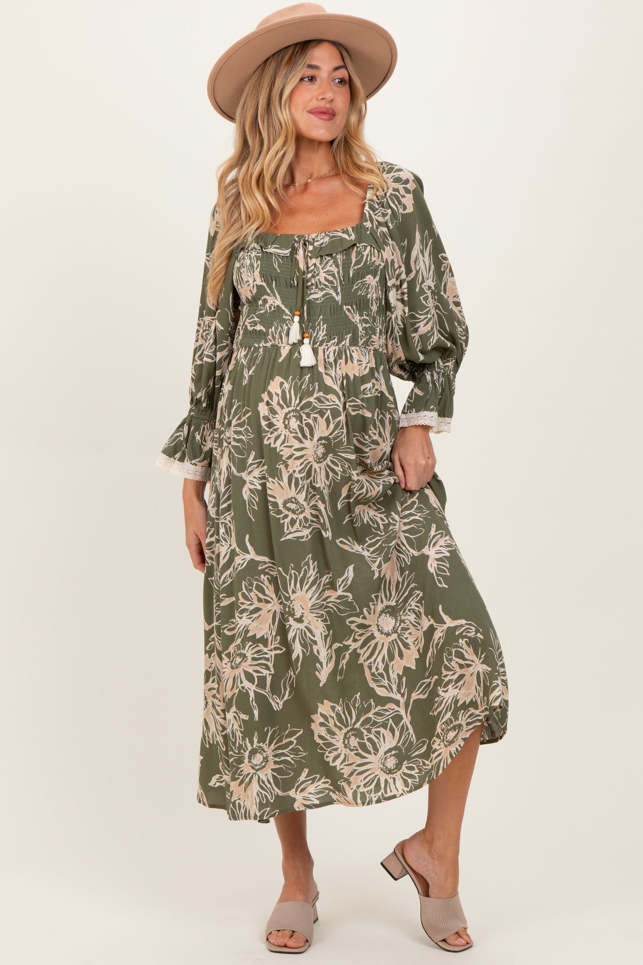 Olive Floral Smocked 3/4 Sleeve Maternity Midi Dress