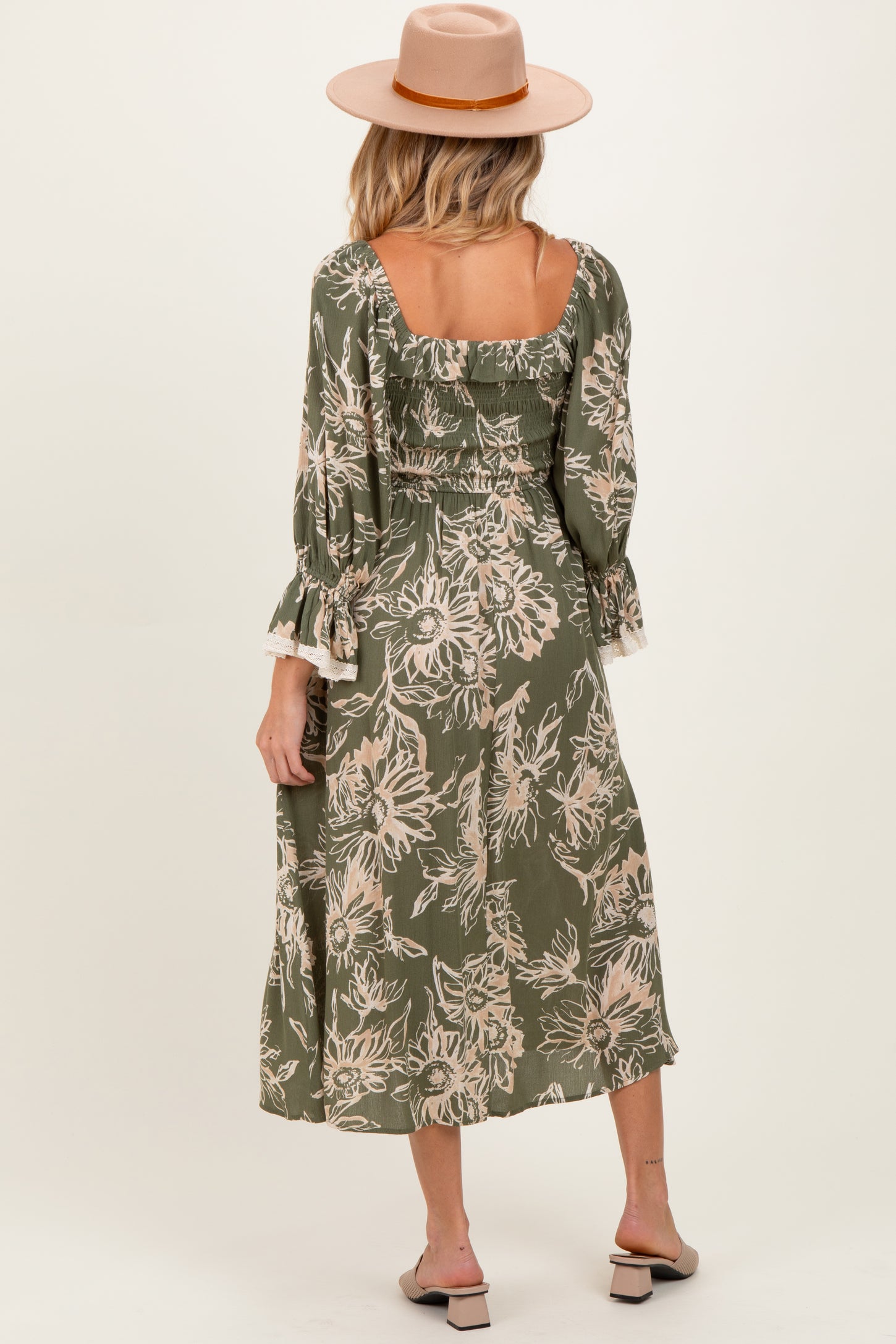 Olive Floral Smocked 3/4 Sleeve Maternity Midi Dress