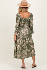 Olive Floral Smocked 3/4 Sleeve Maternity Midi Dress