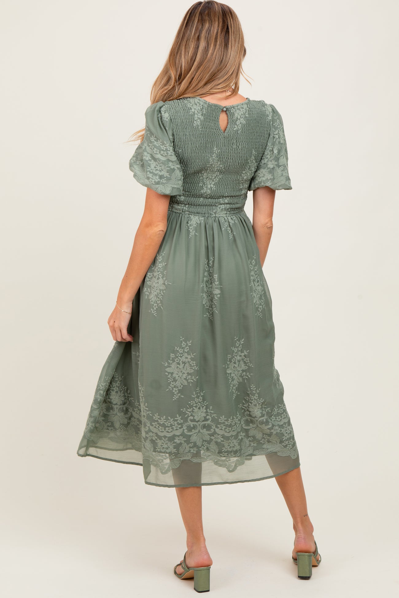 Light Olive Floral Lace Smocked Maternity Midi Dress