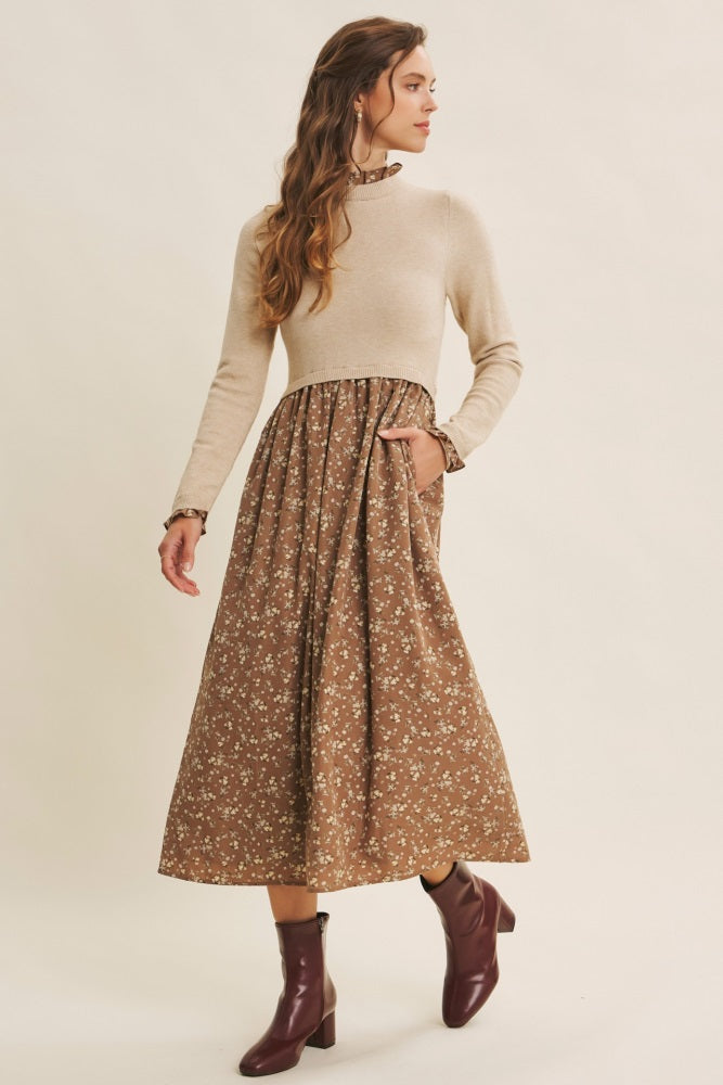 Beige Floral Contrast Knit Top Midi Dress