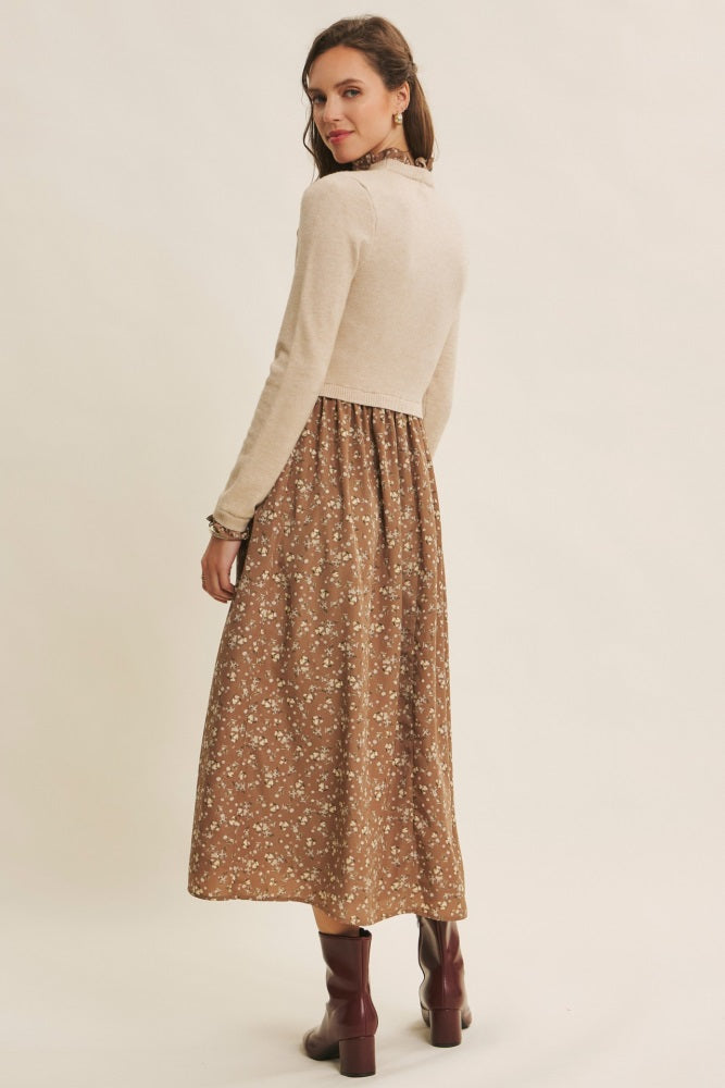 Beige Floral Contrast Knit Top Midi Dress