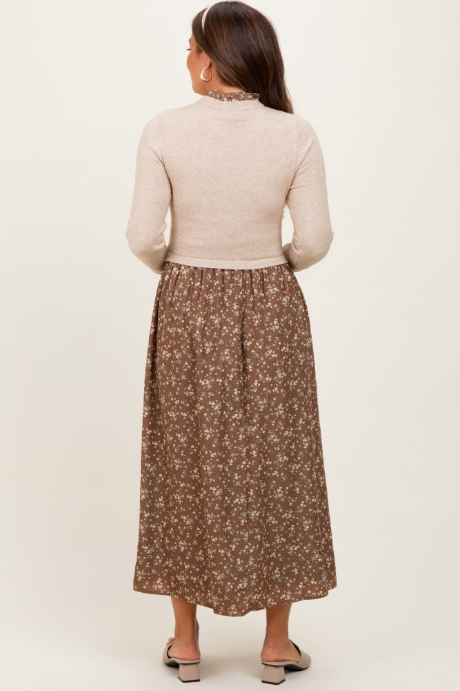 Beige Floral Contrast Knit Top Maternity Midi Dress
