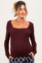 Burgundy Pointelle Knit Lace Trim Square Neck Maternity Top