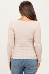 Beige Pointelle Knit Lace Trim Square Neck Maternity Top