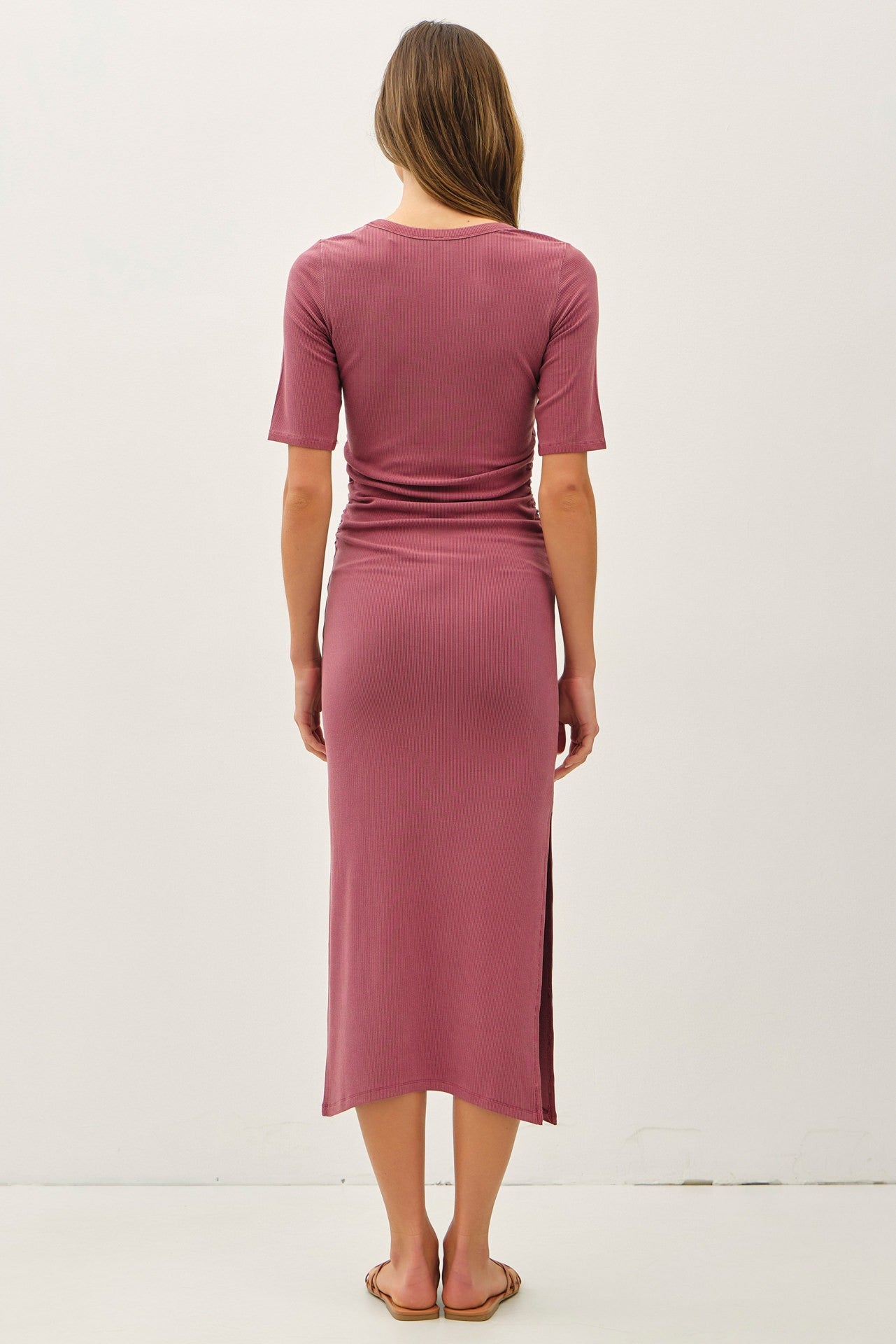 Mauve Ruched Short Sleeve Side Slit Midi Dress