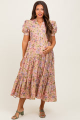 Camel Floral Tiered Puff Sleeve Maternity Midi Dress