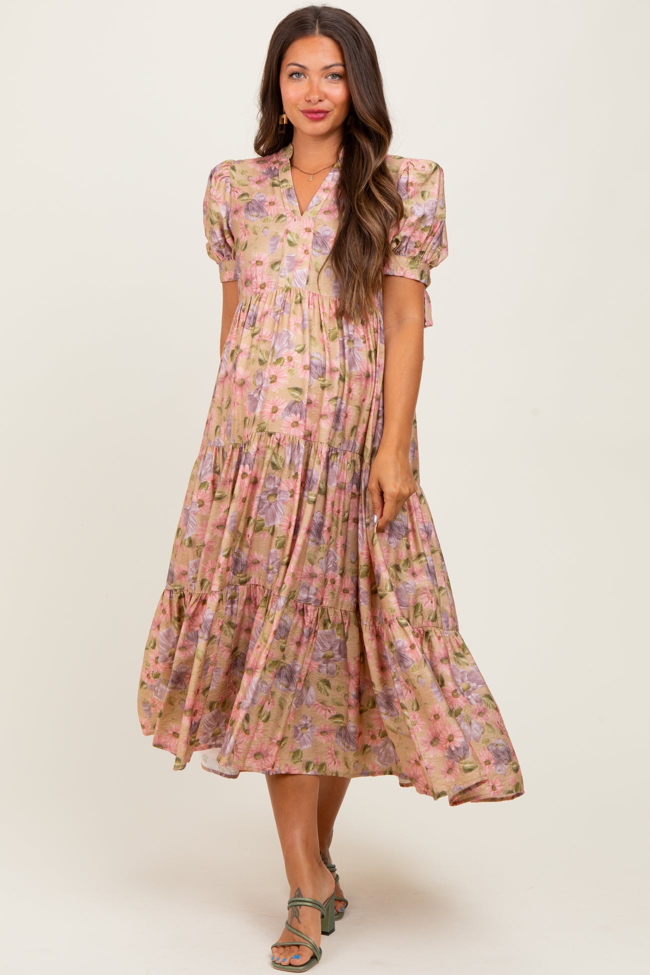 Camel Floral Tiered Puff Sleeve Maternity Midi Dress