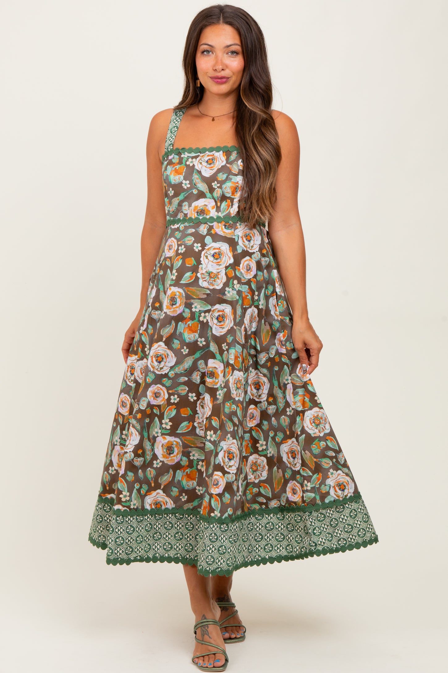 Brown Floral Contrast Print Sleeveless Maternity Midi Dress