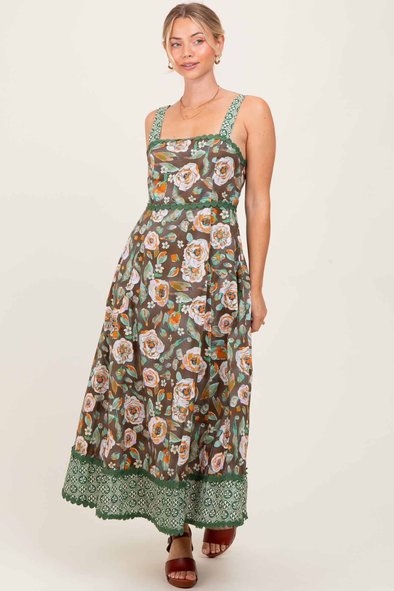 Brown Floral Contrast Print Sleeveless Midi Dress