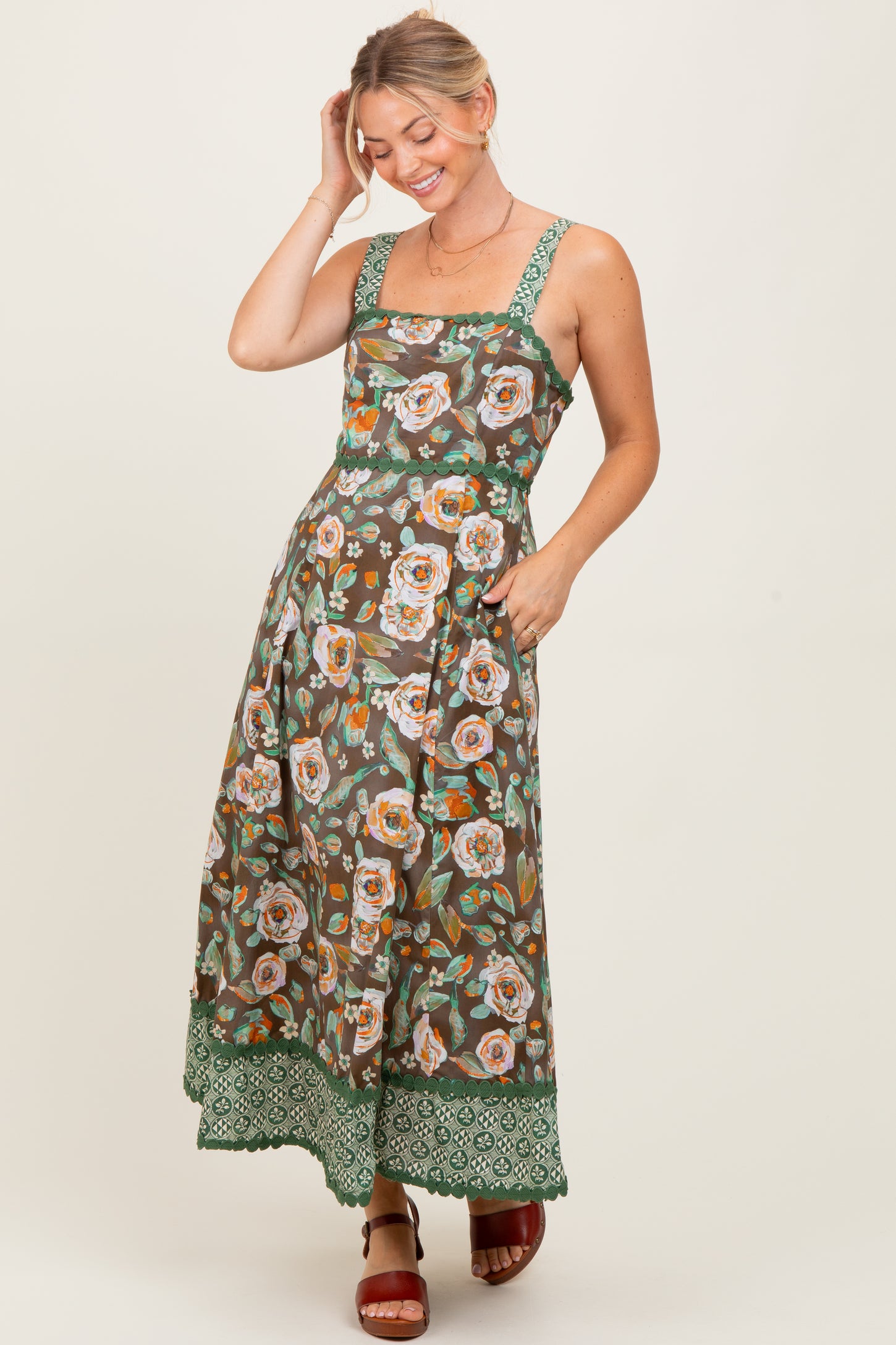 Brown Floral Contrast Print Sleeveless Midi Dress