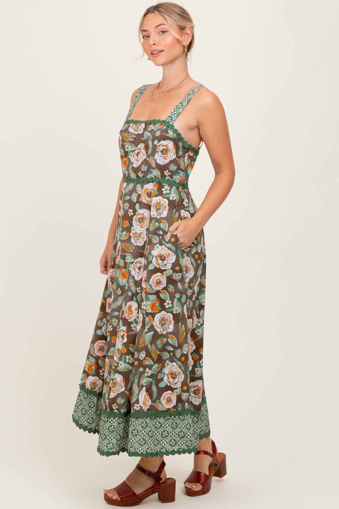 Brown Floral Contrast Print Sleeveless Midi Dress