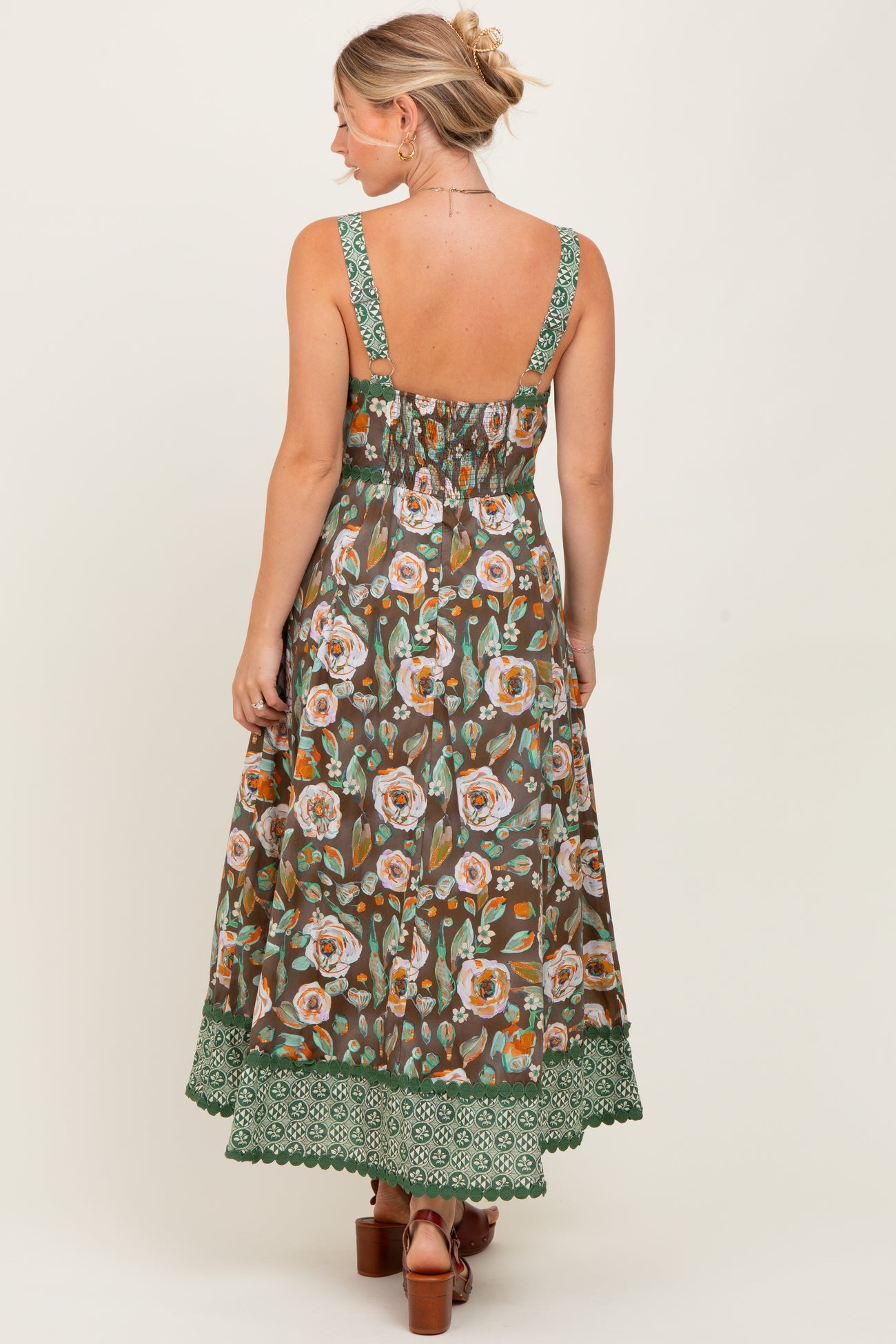 Brown Floral Contrast Print Sleeveless Midi Dress