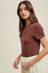 Brown Ribbed Short Sleeve Curved Hem Top