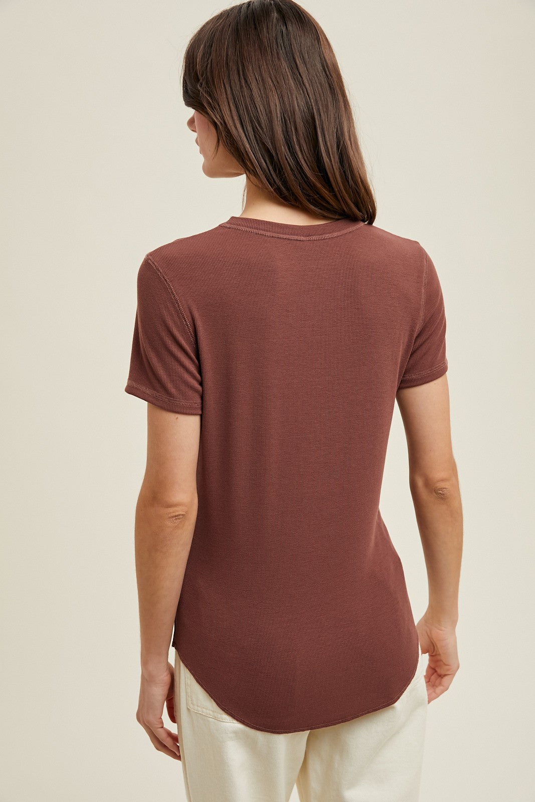 Brown Ribbed Short Sleeve Curved Hem Top