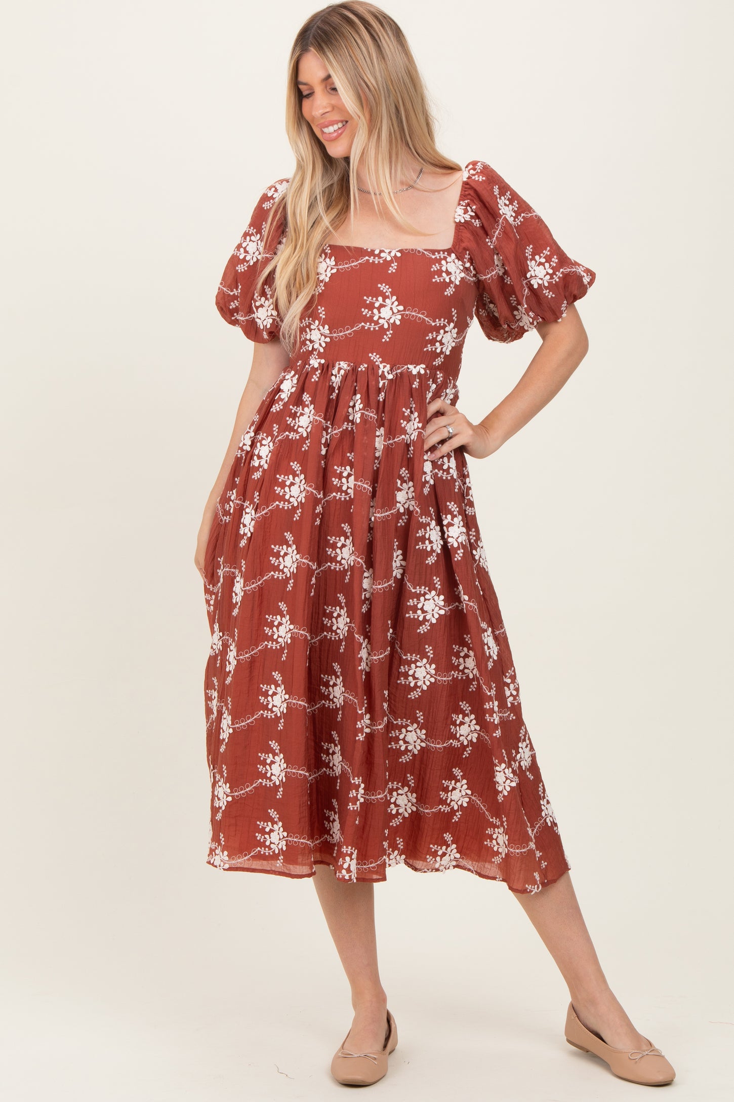 Rust Textured Maternity Midi Dress