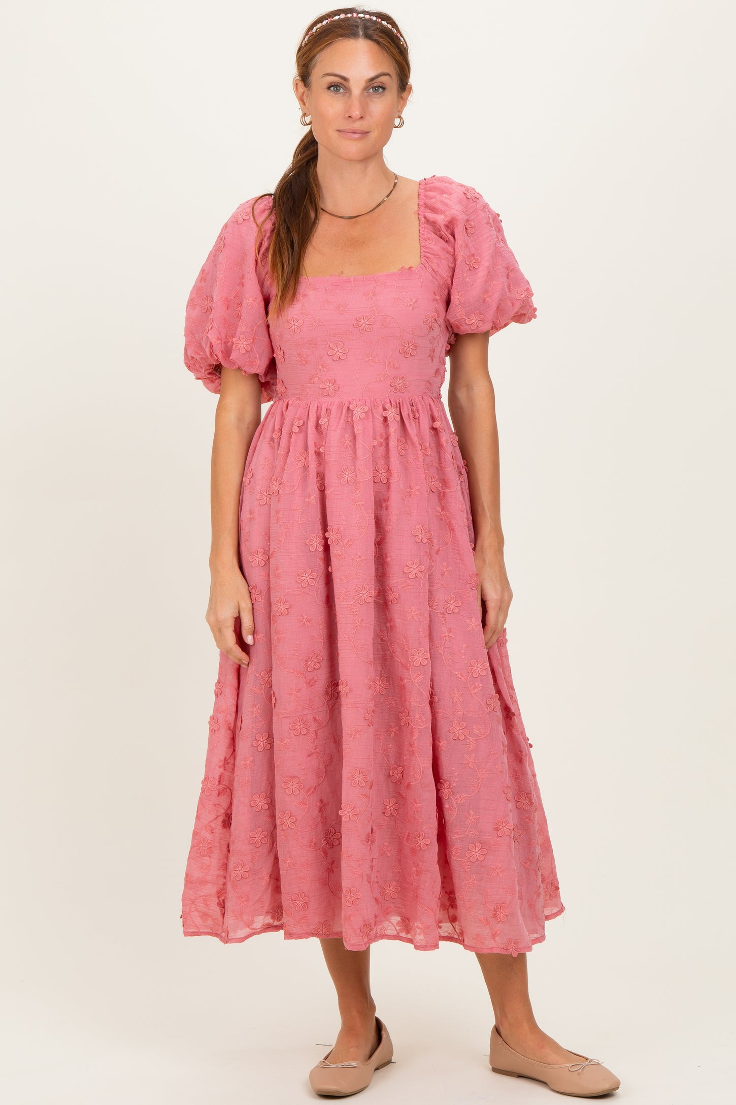 Mauve Embroidered Floral Puff Sleeve Maternity Midi Dress