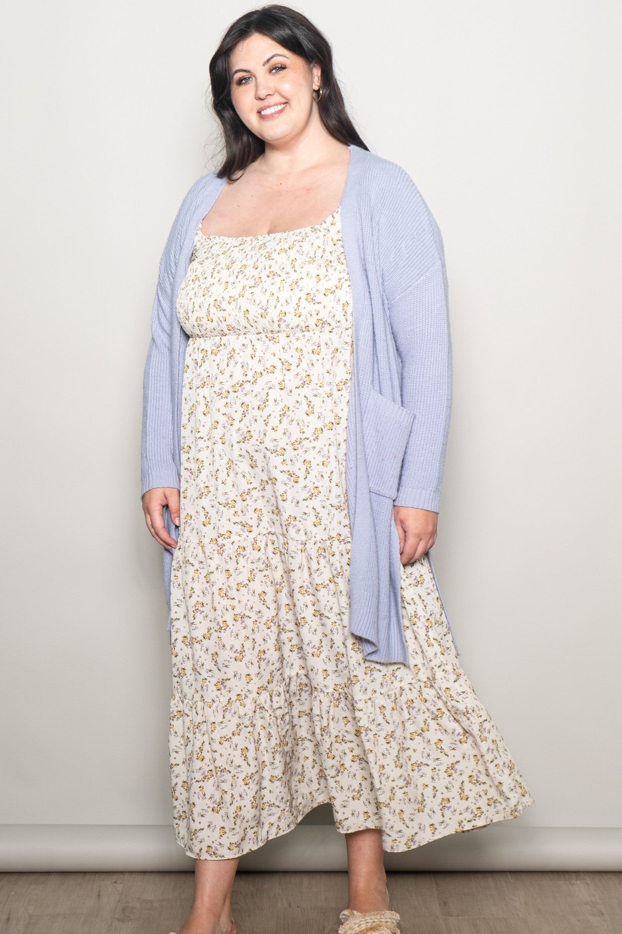 Cream Floral Smocked Long Sleeve Maternity Plus Maxi Dress
